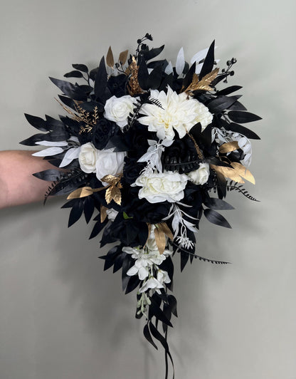 Black White Bouquet Wedding Bridal Gothic Bouquet Cascade Black Gold White Bridesmaids Cascading Bouquet Halloween Artificial Flowers