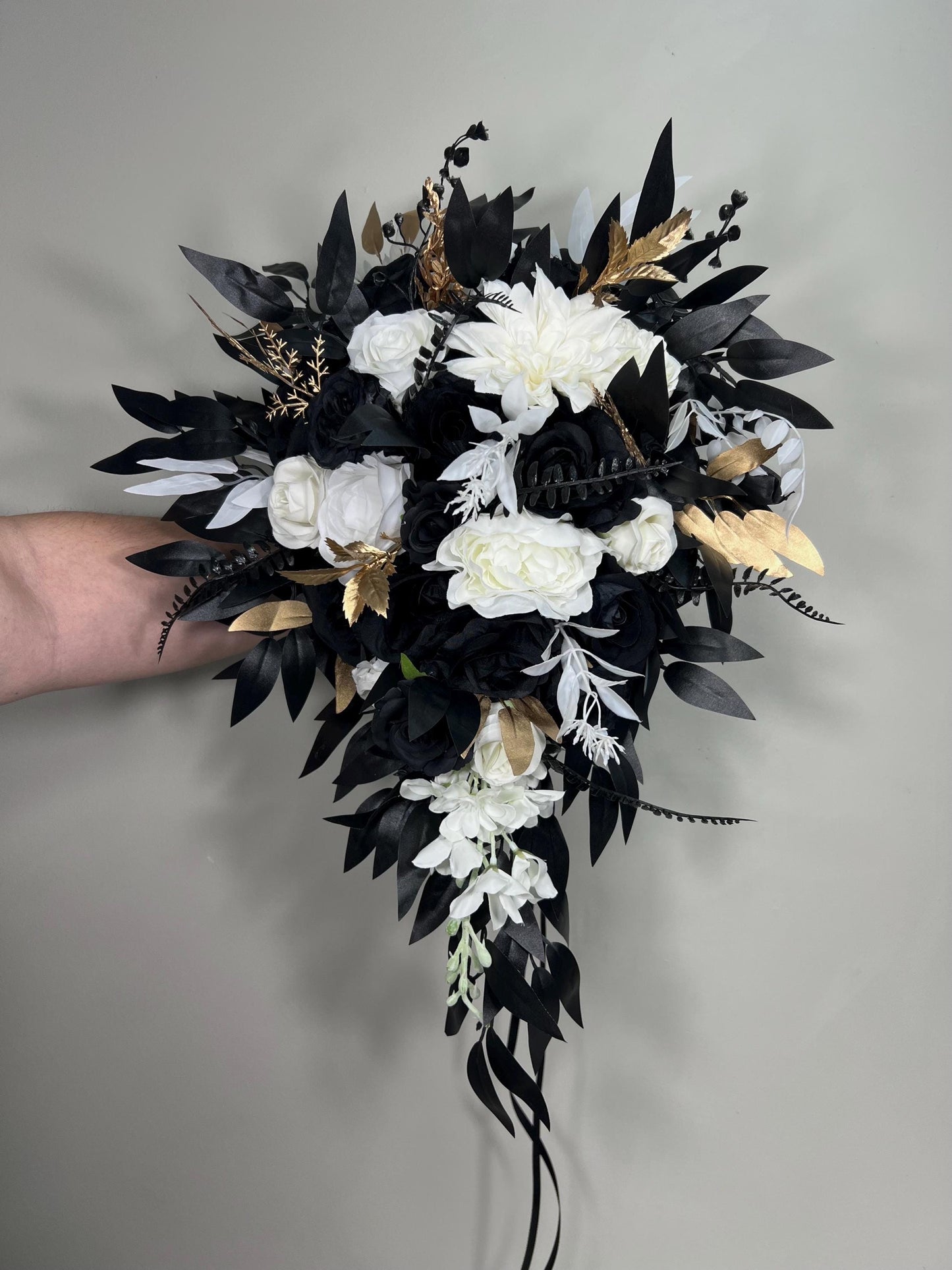 Black White Bouquet Wedding Bridal Gothic Bouquet Cascade Black Gold White Bridesmaids Cascading Bouquet Halloween Artificial Flowers