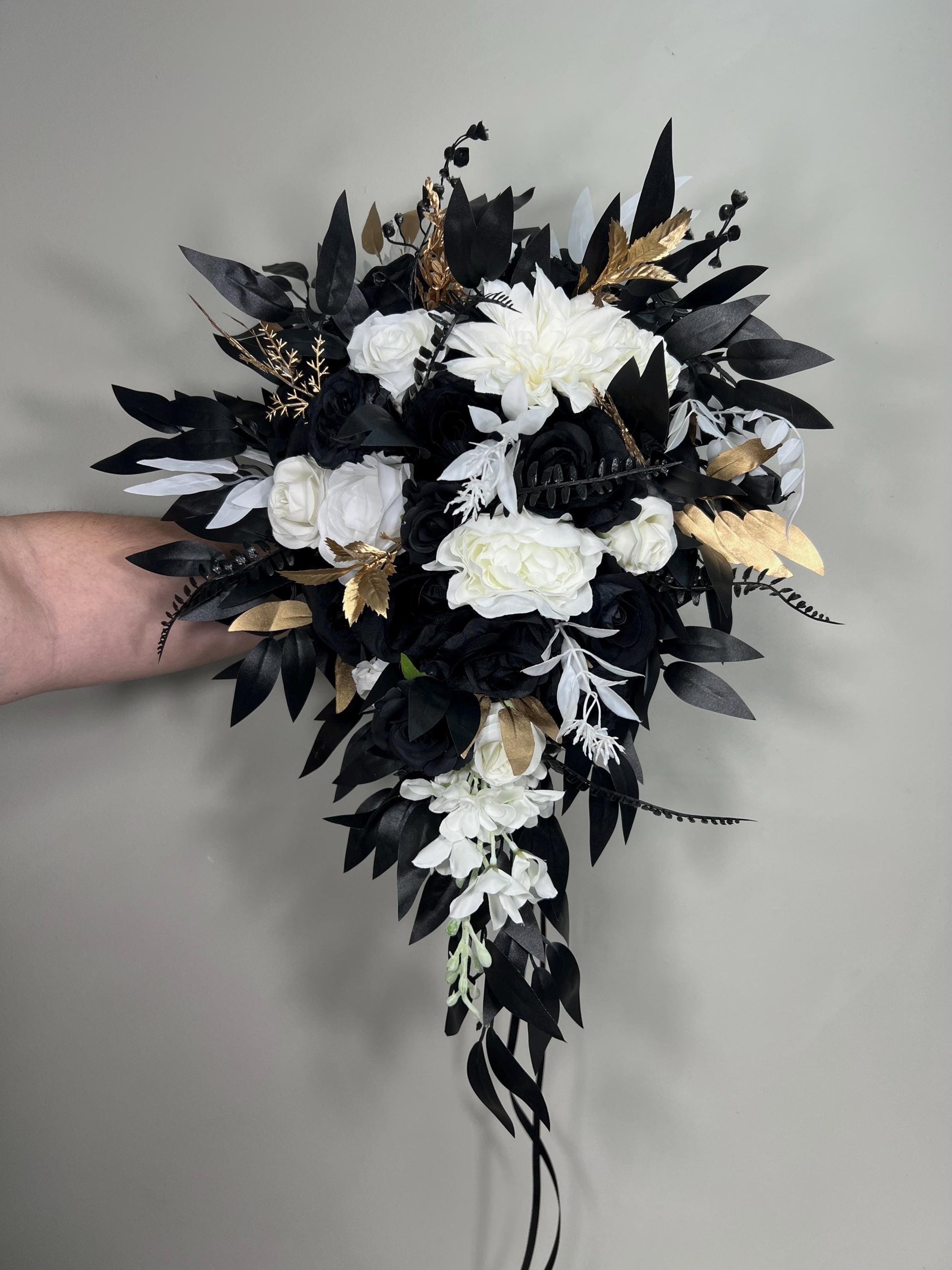 Black White Bouquet Wedding Bridal Gothic Bouquet Cascade Black Gold White Bridesmaids Cascading Bouquet Halloween Artificial Flowers
