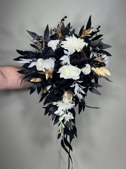 Black White Bouquet Wedding Bridal Gothic Bouquet Cascade Black Gold White Bridesmaids Cascading Bouquet Halloween Artificial Flowers