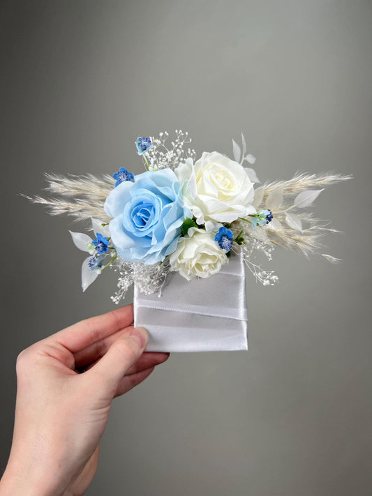 Blue White Pocket Boutonnière Wedding Groom Boho Square Boutonniere Baby Breath Groomsmen Pocket Boutonniere Sky Blue Ivory Artificial
