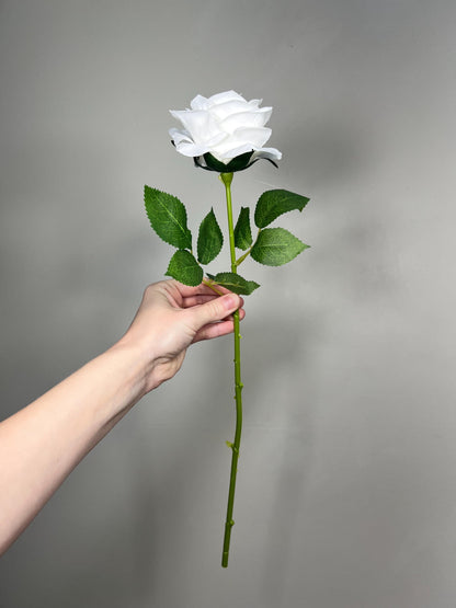 White Rose Artificial Flower Heads with Stem Leaves Wedding Roses for Bouquet DIY Pure White Roses Real Touch Floral White Supplies Flowers