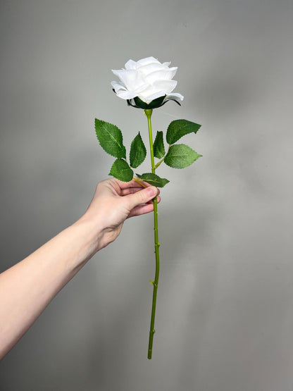 White Rose Artificial Flower Heads with Stem Leaves Wedding Roses for Bouquet DIY Pure White Roses Real Touch Floral White Supplies Flowers