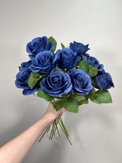 Navy Blue Roses Artificial Flower Heads with Stem Leaves Wedding Roses for Bouquet DIY Royal Blue Flowers Heads Silk Roses Dark Blue