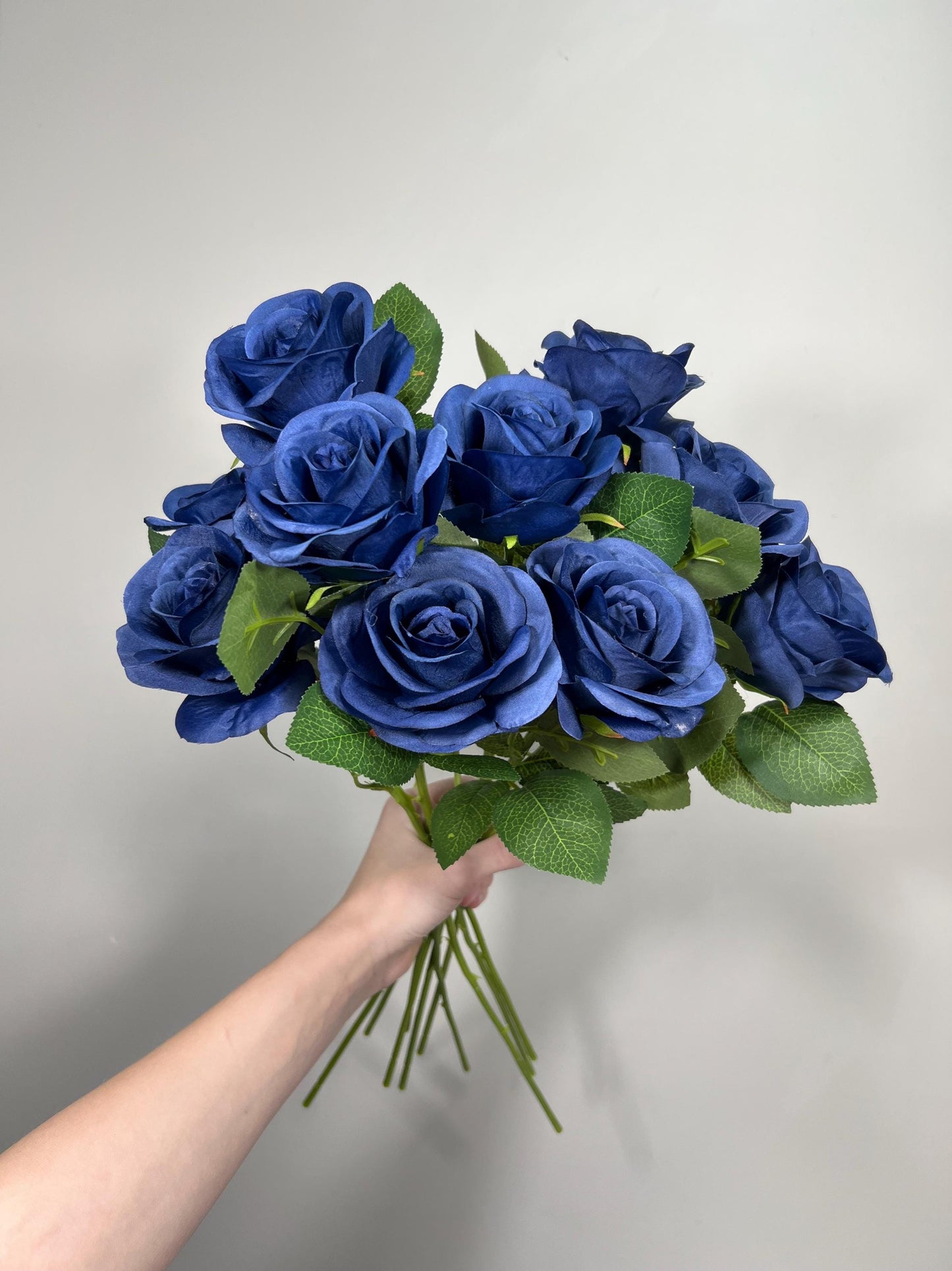 Navy Blue Roses Artificial Flower Heads with Stem Leaves Wedding Roses for Bouquet DIY Royal Blue Flowers Heads Silk Roses Dark Blue
