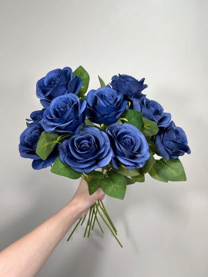 Navy Blue Roses Artificial Flower Heads with Stem Leaves Wedding Roses for Bouquet DIY Royal Blue Flowers Heads Silk Roses Dark Blue