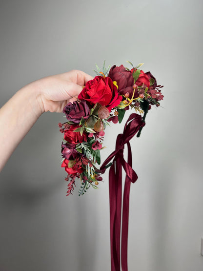 Red Flower Crown Wedding Dark Red Bridal Bridesmaids Floral Crown Artificial Flowers Burgundy Wine Red Hair Crown Flower Girl Wreath
