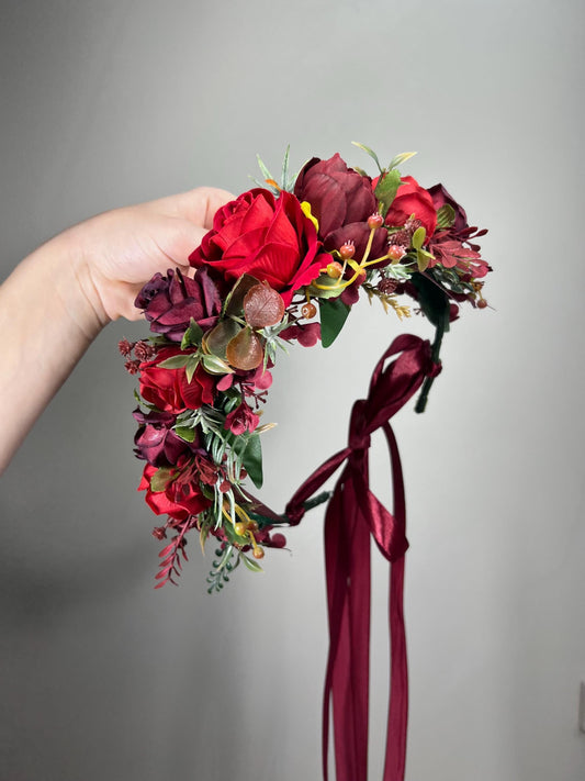 Red Flower Crown Wedding Dark Red Bridal Bridesmaids Floral Crown Artificial Flowers Burgundy Wine Red Hair Crown Flower Girl Headpiece