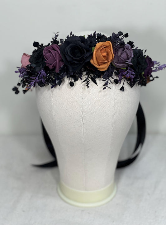 Black Flower Crown Wedding Crown Gothic Floral Plum Orange Artificial Faux Floral Crown Halloween Hair Accessories Wreath Adult Dark Purple