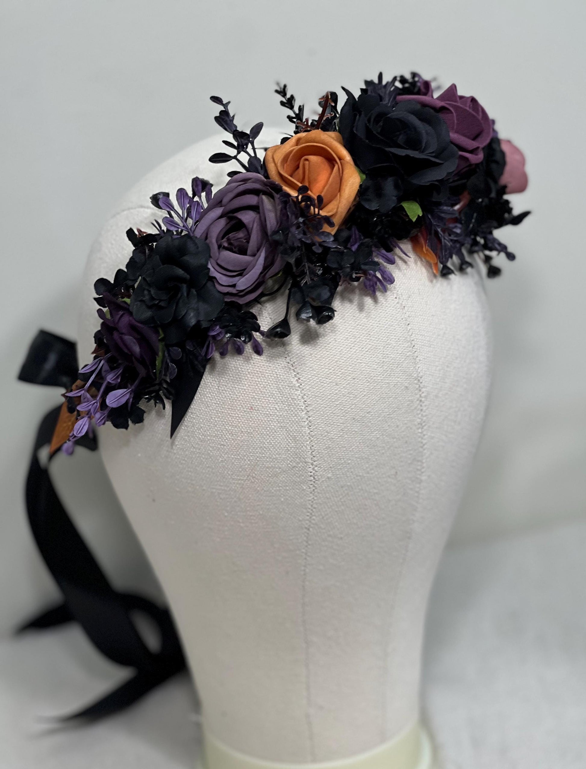 Black Flower Crown Wedding Crown Gothic Floral Plum Orange Artificial Faux Floral Crown Halloween Hair Accessories Wreath Adult Dark Purple