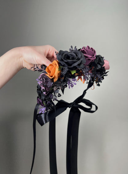 Black Flower Crown Wedding Crown Gothic Floral Plum Orange Artificial Faux Floral Crown Halloween Hair Accessories Wreath Adult Dark Purple
