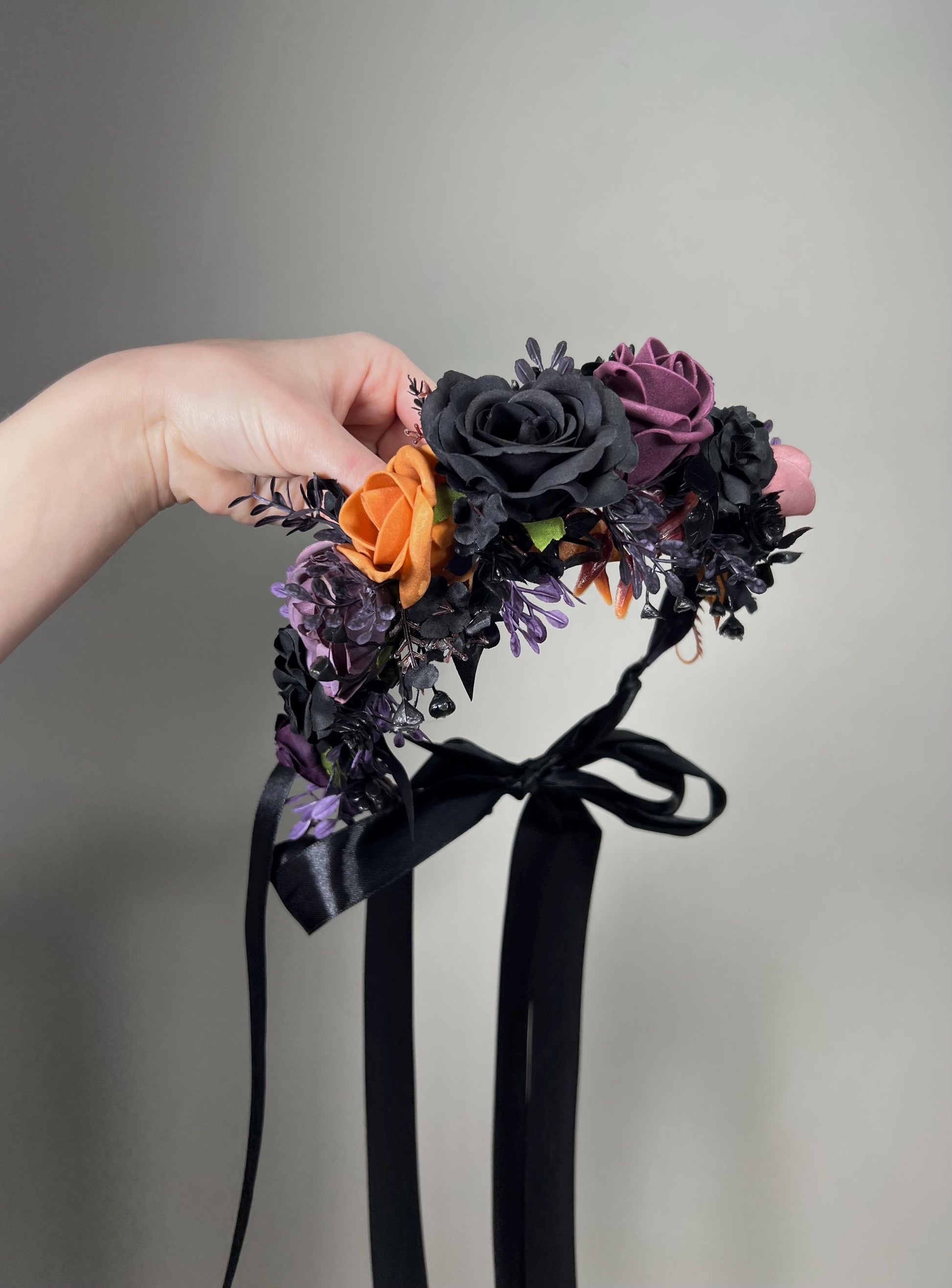Black Flower Crown Wedding Crown Gothic Floral Plum Orange Artificial Faux Floral Crown Halloween Hair Accessories Wreath Adult Dark Purple