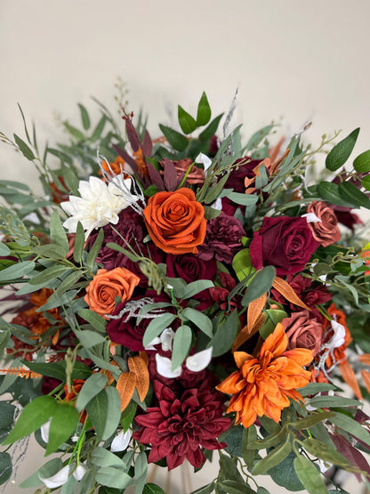 Orange Burgundy Flower Ball Wedding Terracotta Floral Arrangement Reception Table Rust Eucalyptus White Fall Centerpiece Barrel Decor Rustic