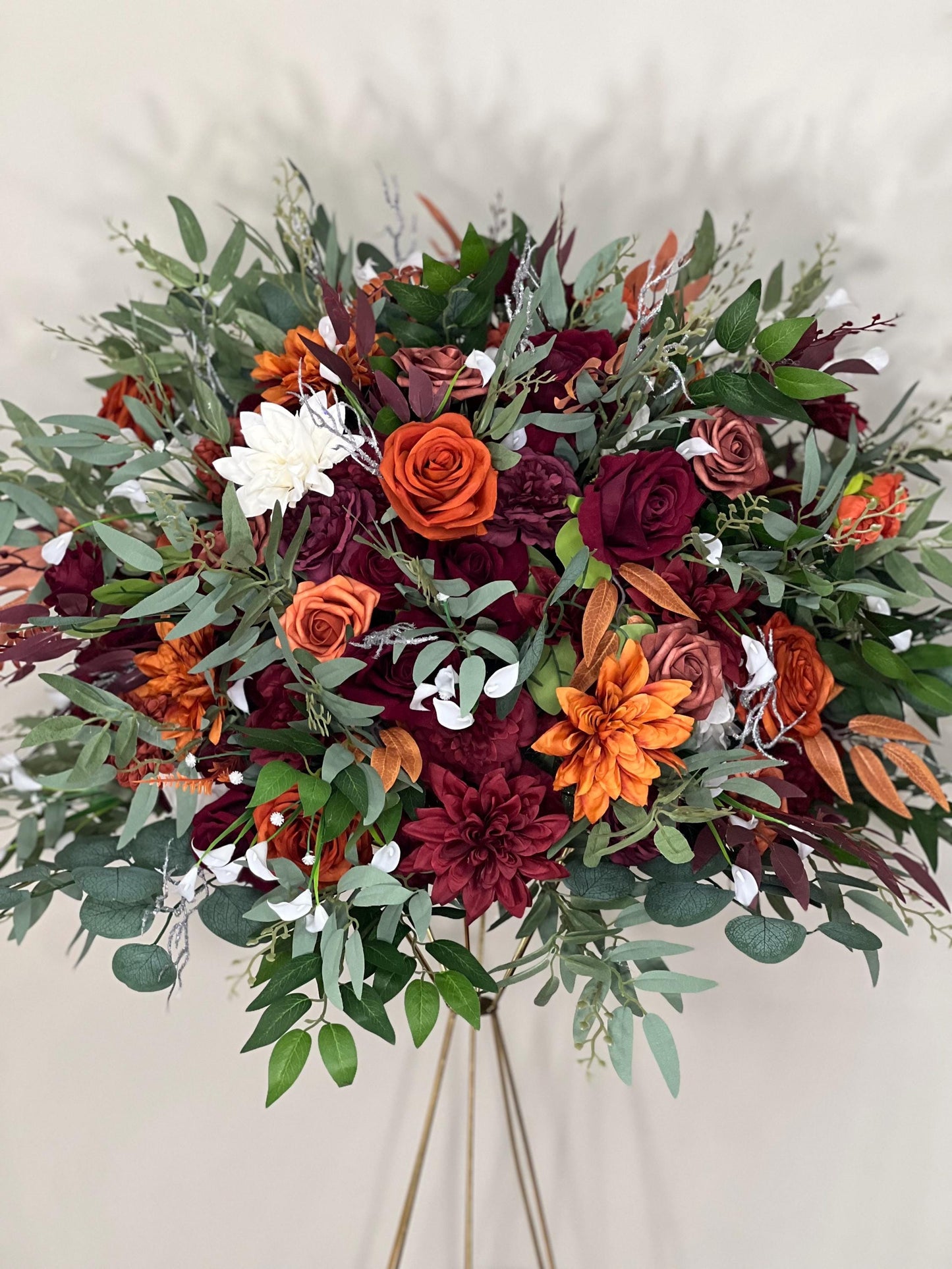 Orange Burgundy Flower Ball Wedding Terracotta Floral Arrangement Reception Table Rust Eucalyptus White Fall Centerpiece Barrel Decor Rustic