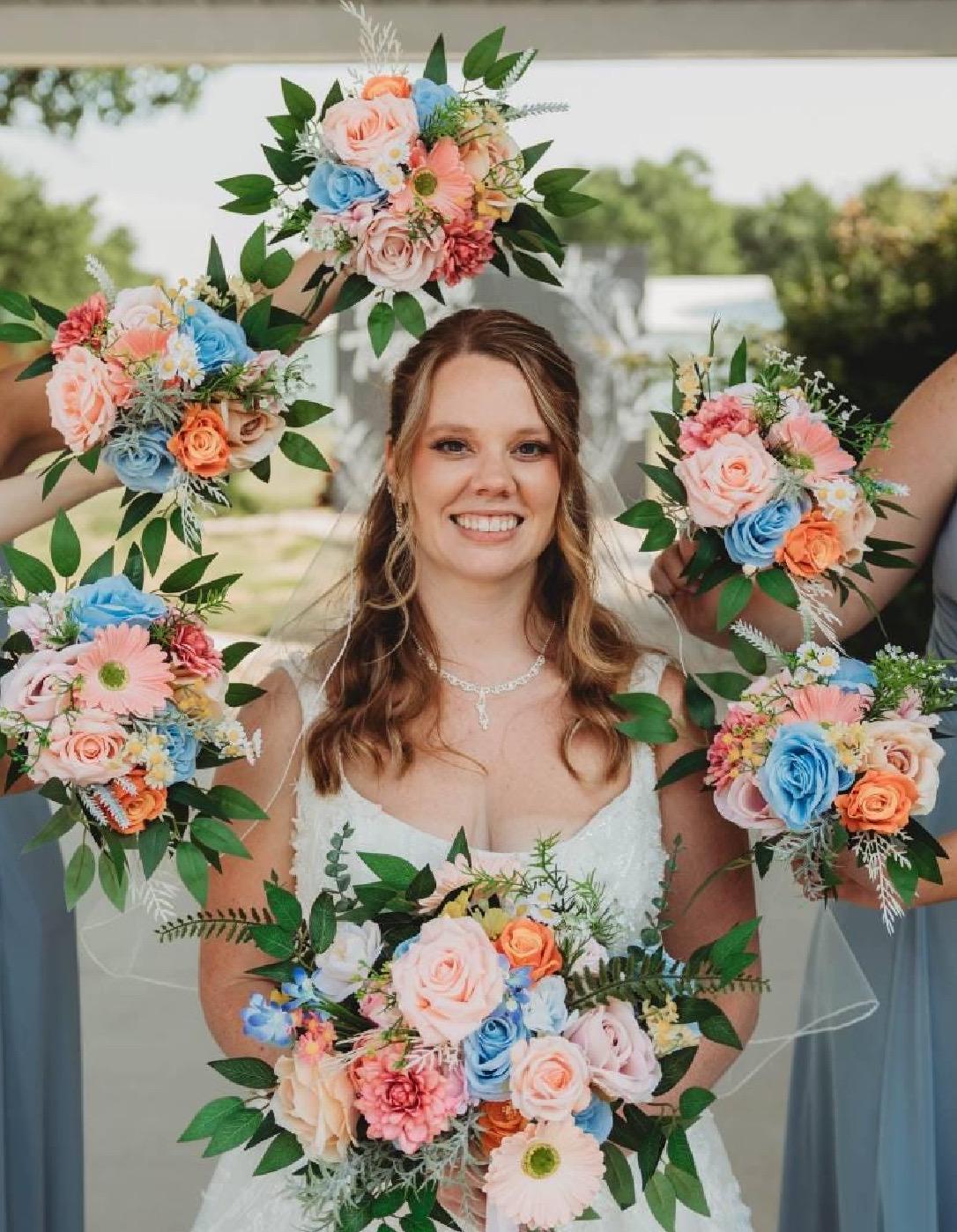 Colorful Wildflower Wedding Bouquet, Bridal Orange Blue Pink Bridesmaids Bouquet, Rustic Spring Garden Bouquet