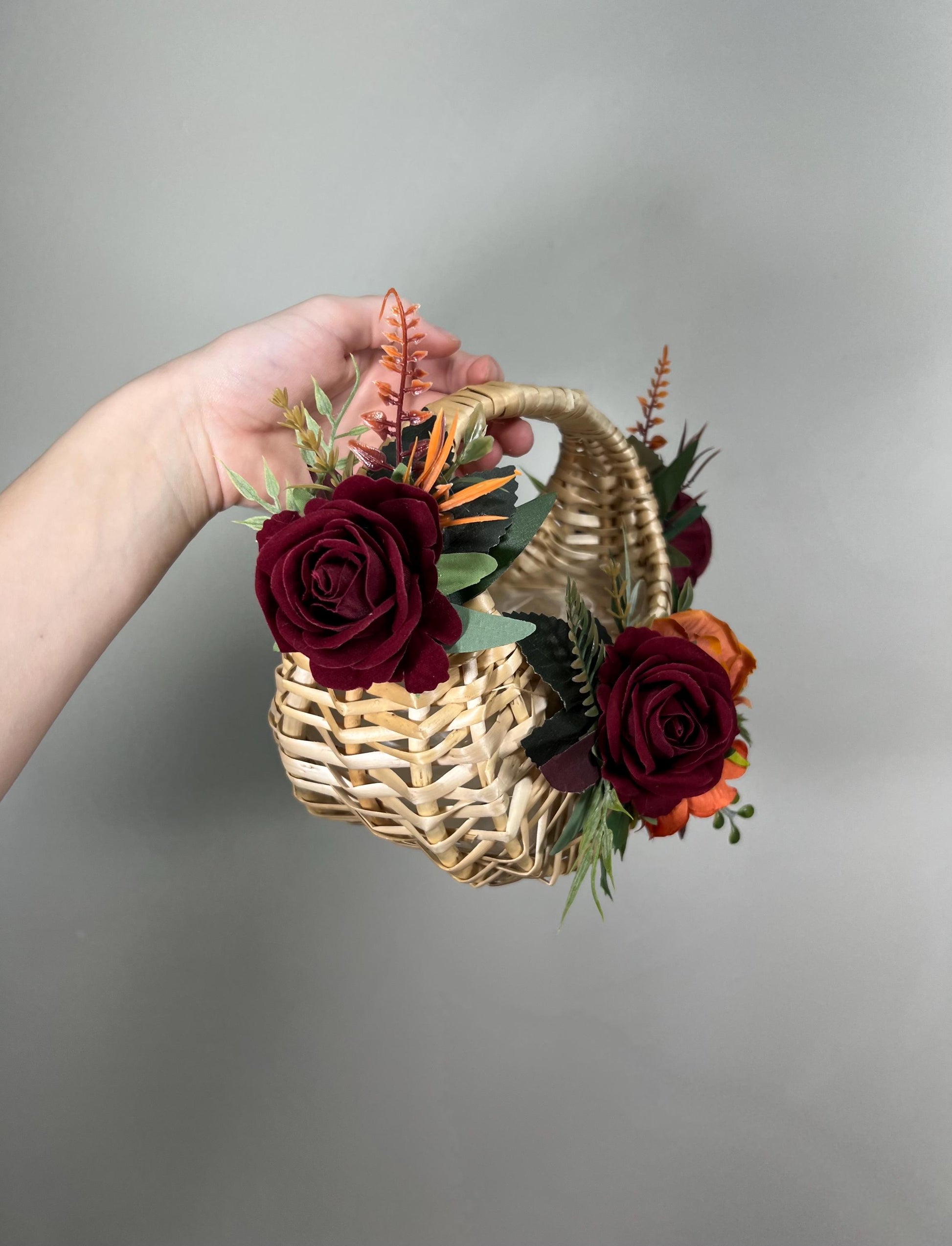 Burgundy Orange Flower Girl Basket Wedding Terracotta Wine Red Maroon Boho Flower Girl Woven Rattan Basket for Petals Rust Artificial Flower