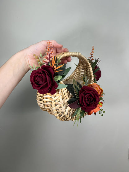 Burgundy Orange Flower Girl Basket Wedding Terracotta Wine Red Maroon Boho Flower Girl Woven Rattan Basket for Petals Rust Artificial Flower