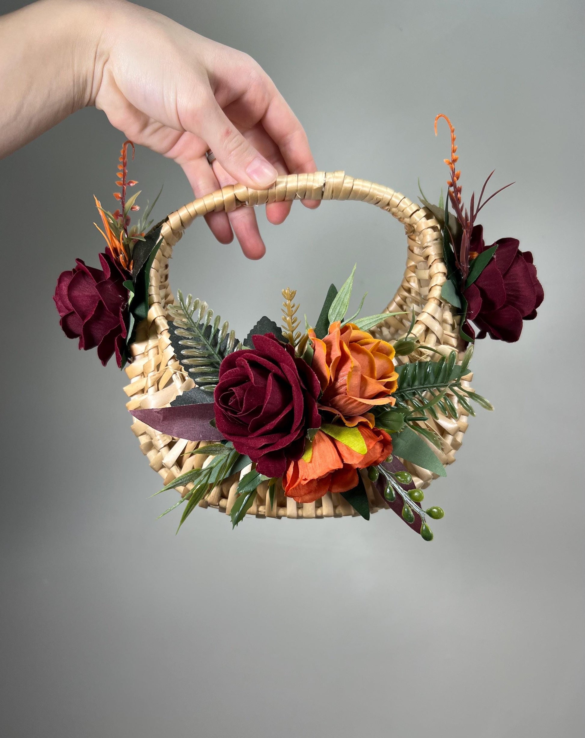 Burgundy Orange Flower Girl Basket Wedding Terracotta Wine Red Maroon Boho Flower Girl Woven Rattan Basket for Petals Rust Artificial Flower