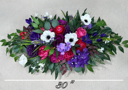 Jewel Tones Arch Arrangements Wedding Purple Magenta Burgundy Ranunculus Arbor Arrangement Wild Flowers Deep Purple Vibrant White Anemone