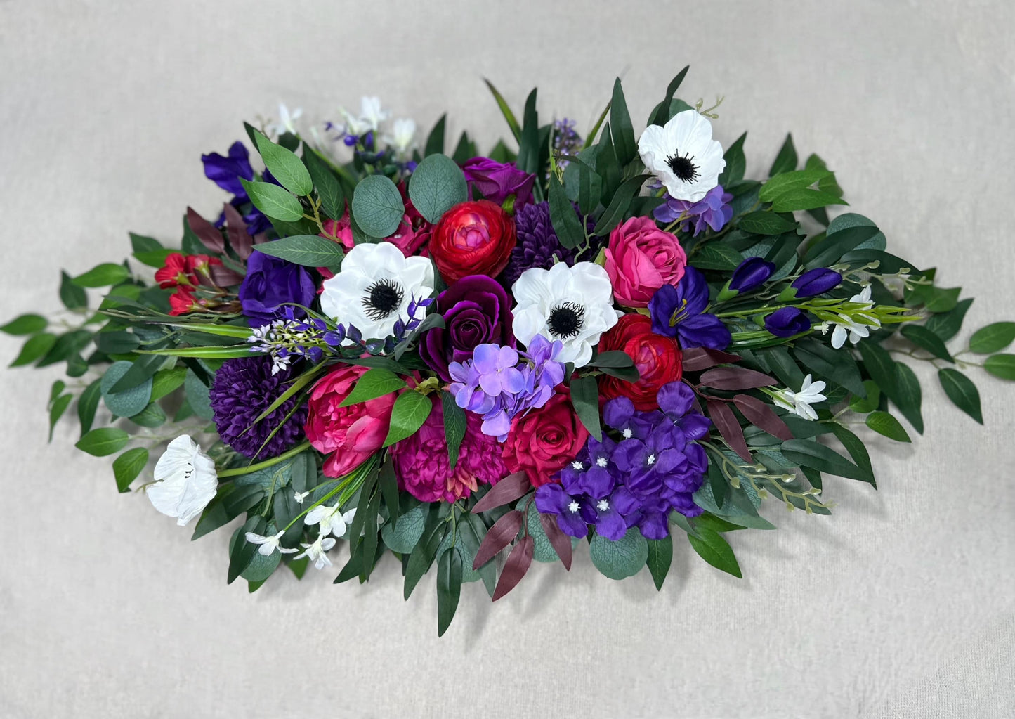 Jewel Tones Arch Arrangements Wedding Purple Magenta Burgundy Ranunculus Arbor Arrangement Wild Flowers Deep Purple Vibrant White Anemone
