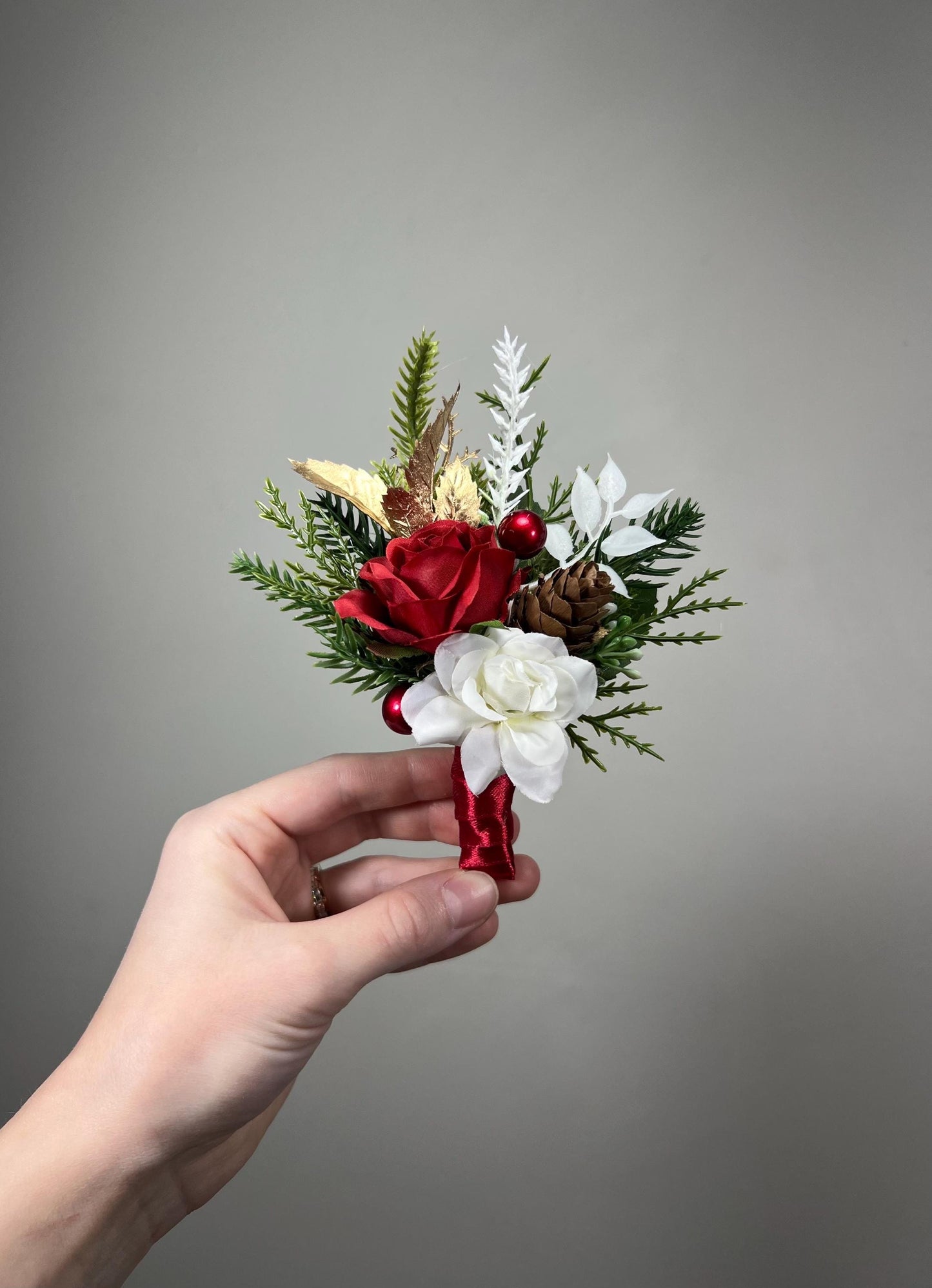 Christmas Boutonnière Wedding Red Boutonniere Groom White Groomsmen Rustic Gold Boutonniere Winter Tree Pine Cone Artificial Flower
