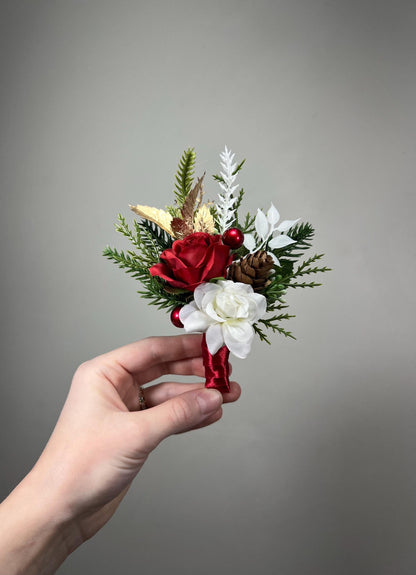 Christmas Boutonnière Wedding Red Boutonniere Groom White Groomsmen Rustic Gold Boutonniere Winter Tree Pine Cone Artificial Flower