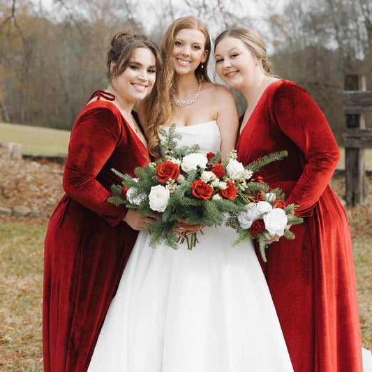 Christmas Bouquet Wedding Bridal White Bridesmaids Winter Red Tree Pine Berries Artificial Flowers