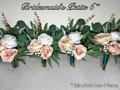 White Bouquet Bridesmaids Wedding Dusty Rose Blush Pink Gold Small Bridesmaids Petite Bouquet Flower Girl Artificial Flowers Eucalyptus Sage