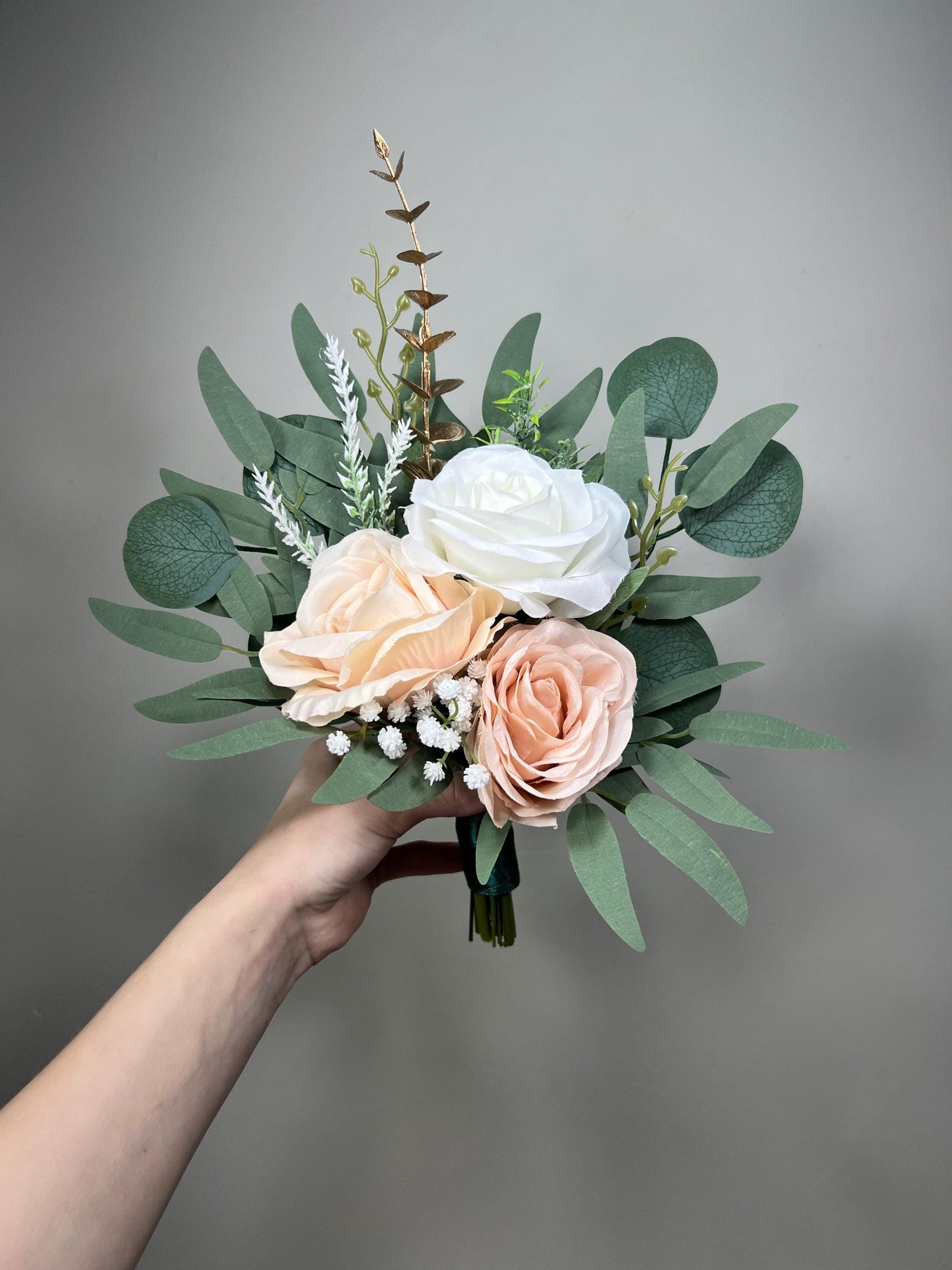 White Bouquet Bridesmaids Wedding Dusty Rose Blush Pink Gold Small Bridesmaids Petite Bouquet Flower Girl Artificial Flowers Eucalyptus Sage