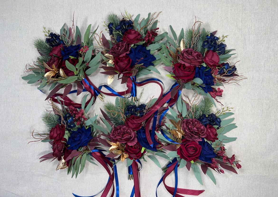 Bridesmaids Small Bouquet Burgundy Navy Blue Wedding Petite Bouquet Flower Girl Gold Dark Blue Winter Pine Tree Wine Red Artificial Flower