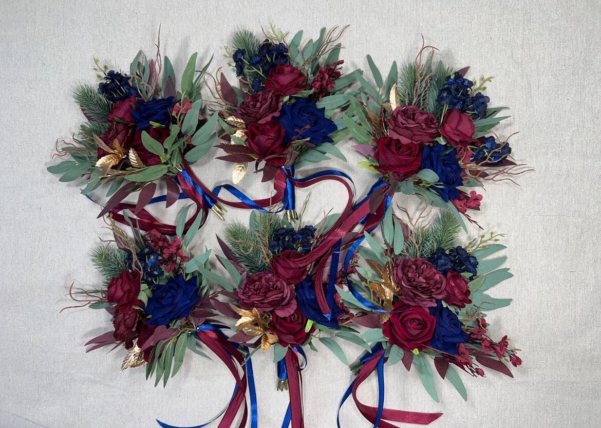 Bridesmaids Small Bouquet Burgundy Navy Blue Wedding Petite Bouquet Flower Girl Gold Dark Blue Winter Pine Tree Wine Red Artificial Flower
