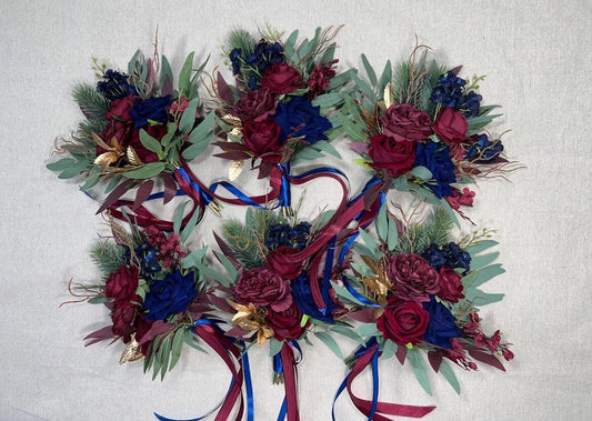 Bridesmaids Small Bouquet Burgundy Navy Blue Wedding Petite Bouquet Flower Girl Gold Dark Blue Winter Pine Tree Wine Red Artificial Flower