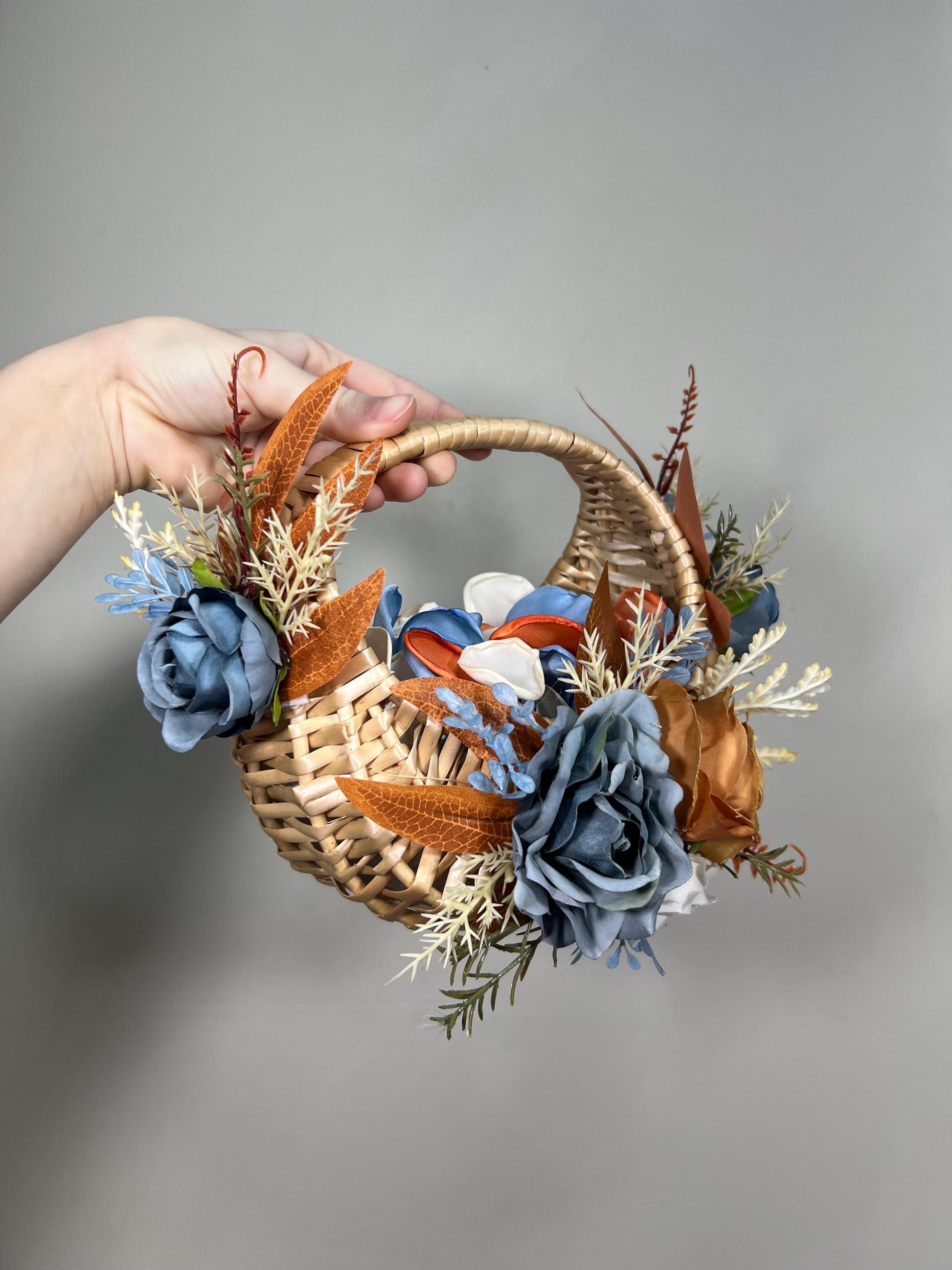 Dusty Blue Orange Flower Girl Basket Wedding Terracotta Burnt Orange Flower Girl Fall Woven Rattan Basket for Petals Blue Artificial Flowers