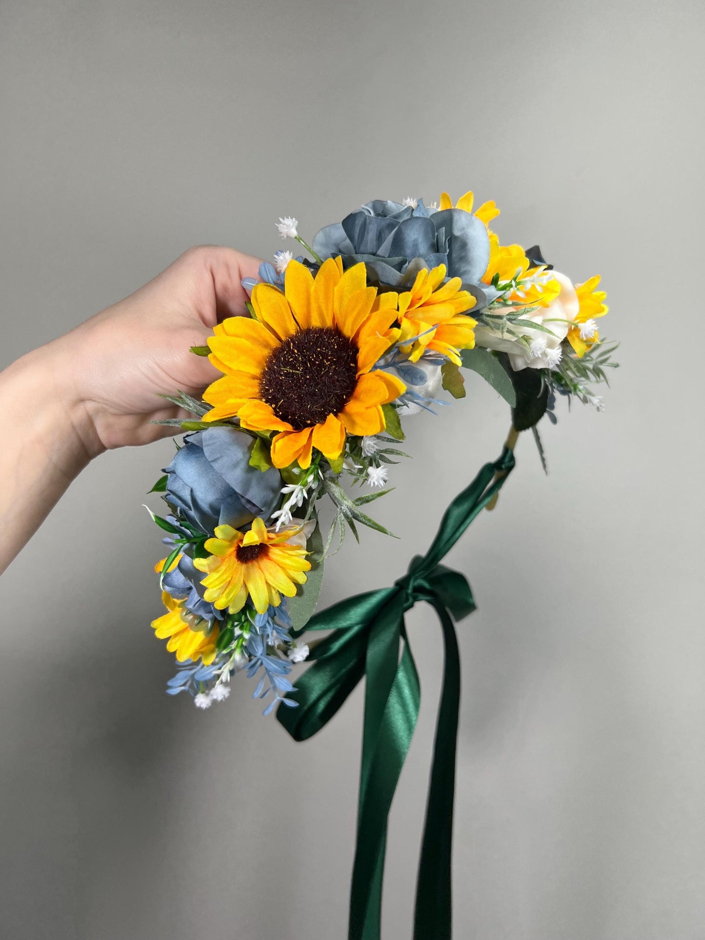 Wedding Bouquet White Bridal Cascade Sunflower Bouquet Cascading Ivory Dusty Blue Sunflower Bridesmaids Bouquet Blue Artificial Flowers
