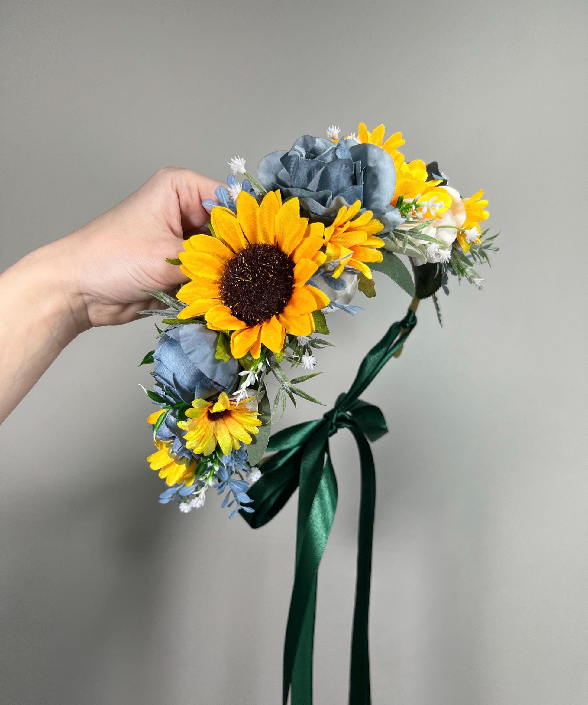 Sunflower Flower Crown Blue Wedding Rustic Yellow Sunflower Flower Crown Bridal Bridesmaids Dusty Blue Baby Breath Artificial Flower White