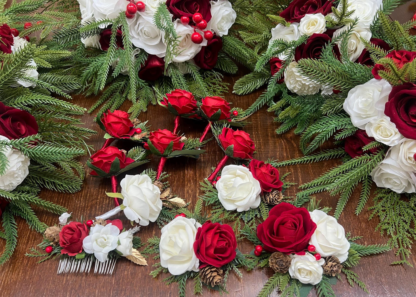Wedding Christmas Bouquet Bridal White Rustic Bridesmaids Bouquet Red Winter Christmas Tree Pine Red Berries Artificial Flowers Winter