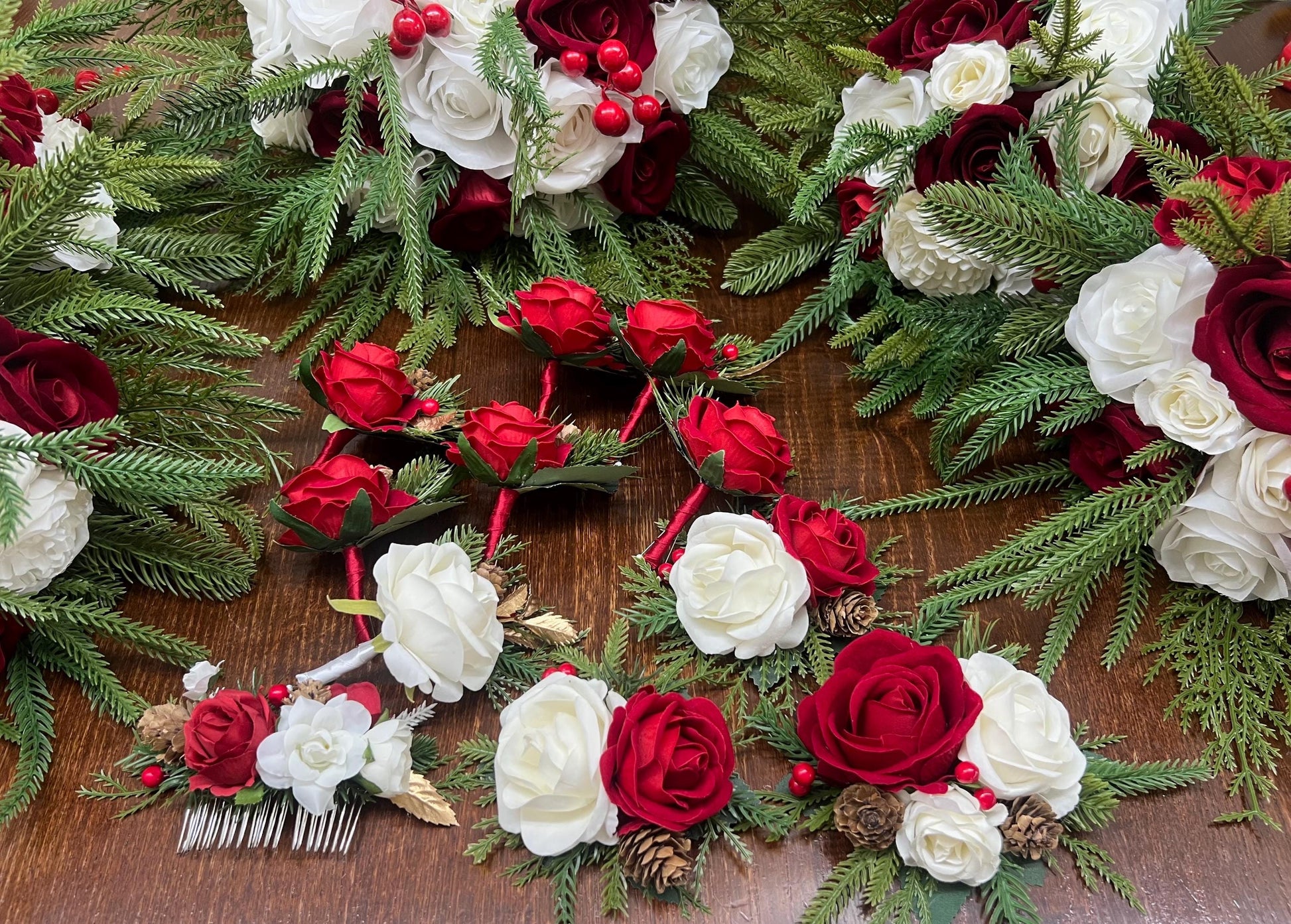Wedding Christmas Bouquet Bridal White Rustic Bridesmaids Bouquet Red Winter Christmas Tree Pine Red Berries Artificial Flowers Winter
