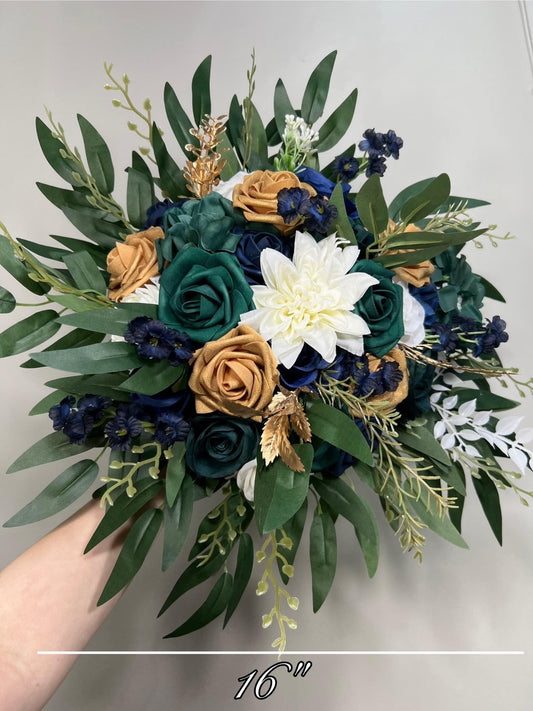 Navy Blue Dark Green Bouquet Bridal Gold White Emerald Green Hunter Bridesmaids Bouquet Rustic Peacock Ivory Eucalyptus Artificial Flower