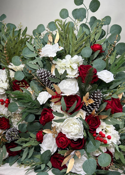 Christmas Aisle Marker White Red Wedding Ground Arch Arrangements Tree Pine Cone Gold Floor Decor Barrel Whiskey Ivory Dark Red Winter