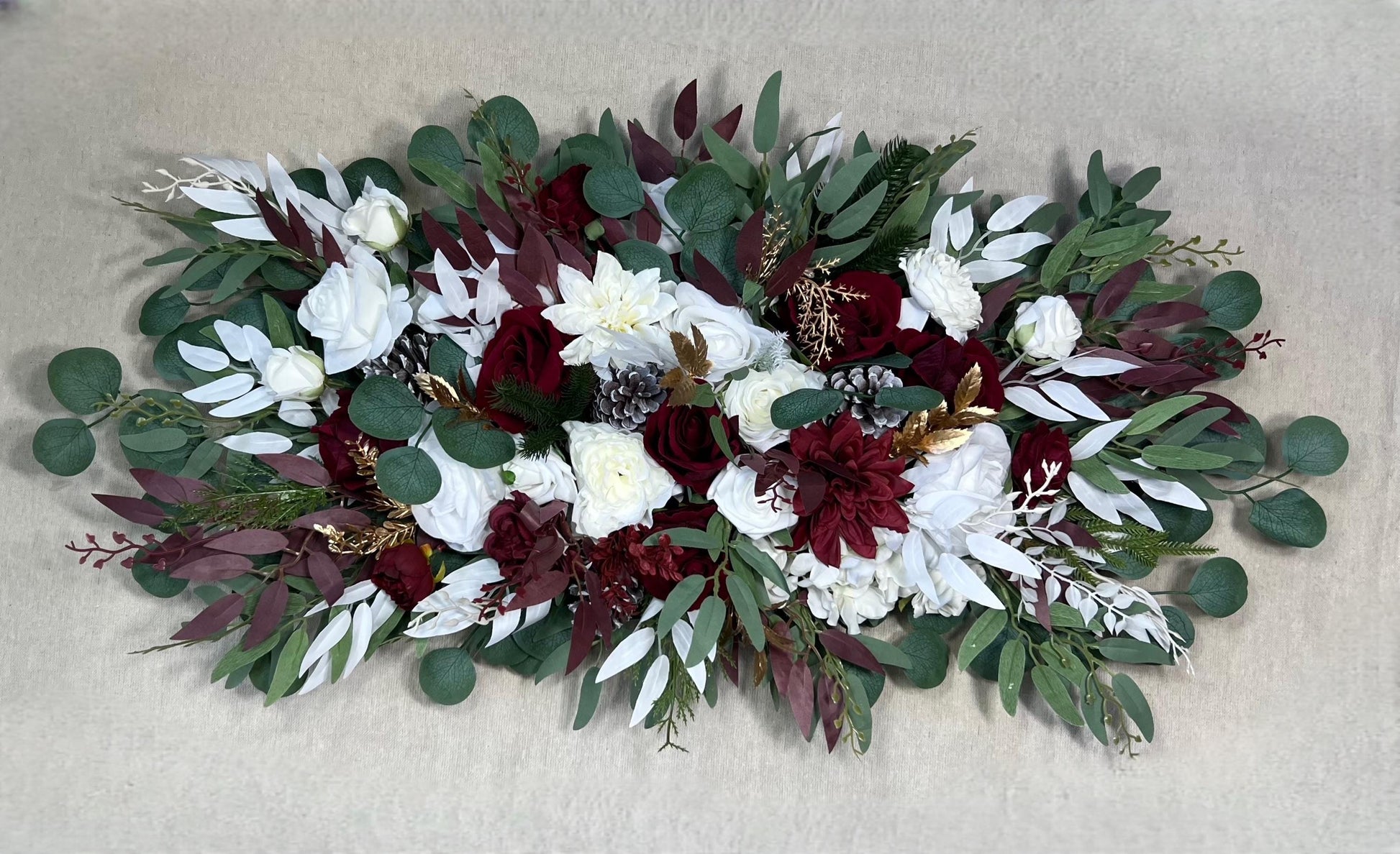 Christmas Arch Arrangement Wedding White Burgundy Arbor Arrangement Pine Cone Backdrop Winter Ivory Gold Pine Tree Wine Red Artificial