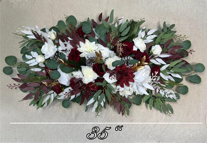 Christmas Arch Arrangement Wedding White Burgundy Arbor Arrangement Pine Cone Backdrop Winter Ivory Gold Pine Tree Wine Red Artificial