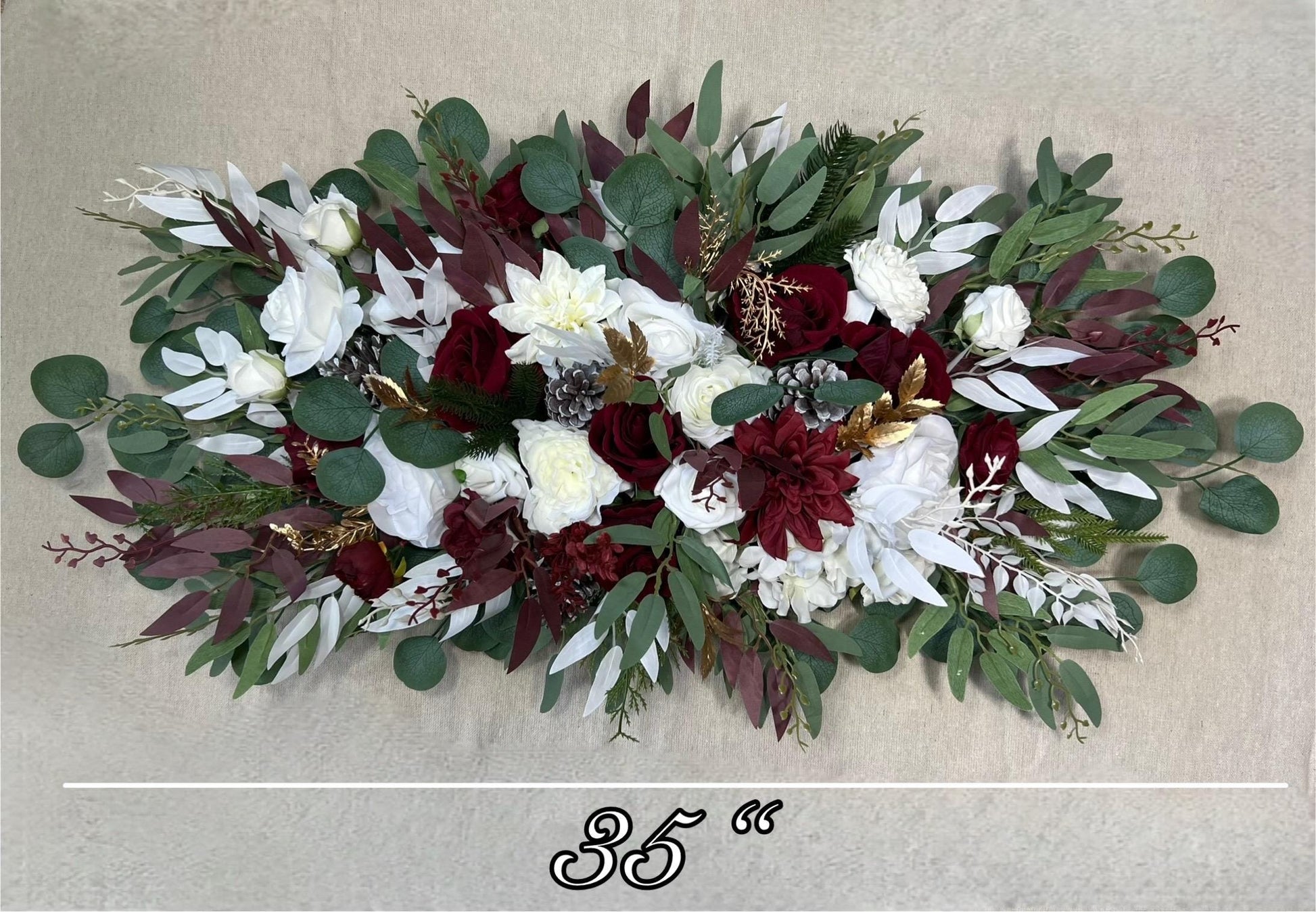 Christmas Arch Arrangement Wedding White Burgundy Arbor Arrangement Pine Cone Backdrop Winter Ivory Gold Pine Tree Wine Red Artificial