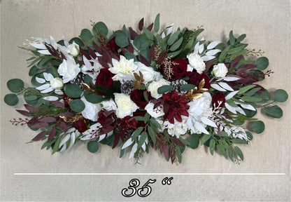 Christmas Arch Arrangement Wedding White Burgundy Arbor Arrangement Pine Cone Backdrop Winter Ivory Gold Pine Tree Wine Red Artificial