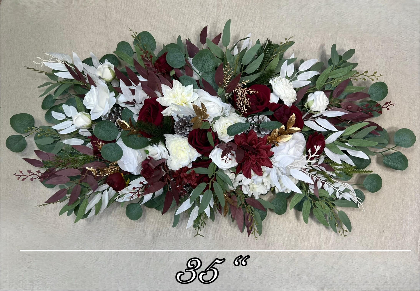 Christmas Arch Arrangement Wedding White Burgundy Arbor Arrangement Pine Cone Backdrop Winter Ivory Gold Pine Tree Wine Red Artificial