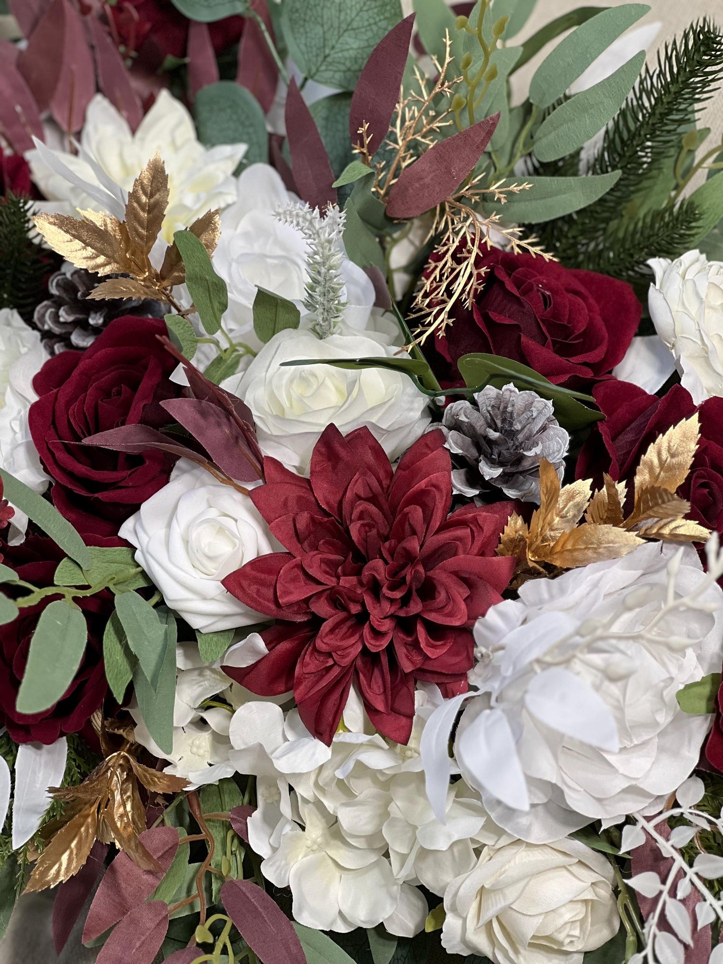 Christmas Arch Arrangement Wedding White Burgundy Arbor Arrangement Pine Cone Backdrop Winter Ivory Gold Pine Tree Wine Red Artificial