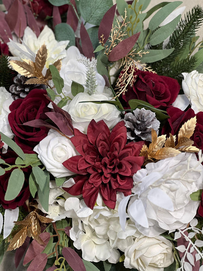 Christmas Arch Arrangement Wedding White Burgundy Arbor Arrangement Pine Cone Backdrop Winter Ivory Gold Pine Tree Wine Red Artificial