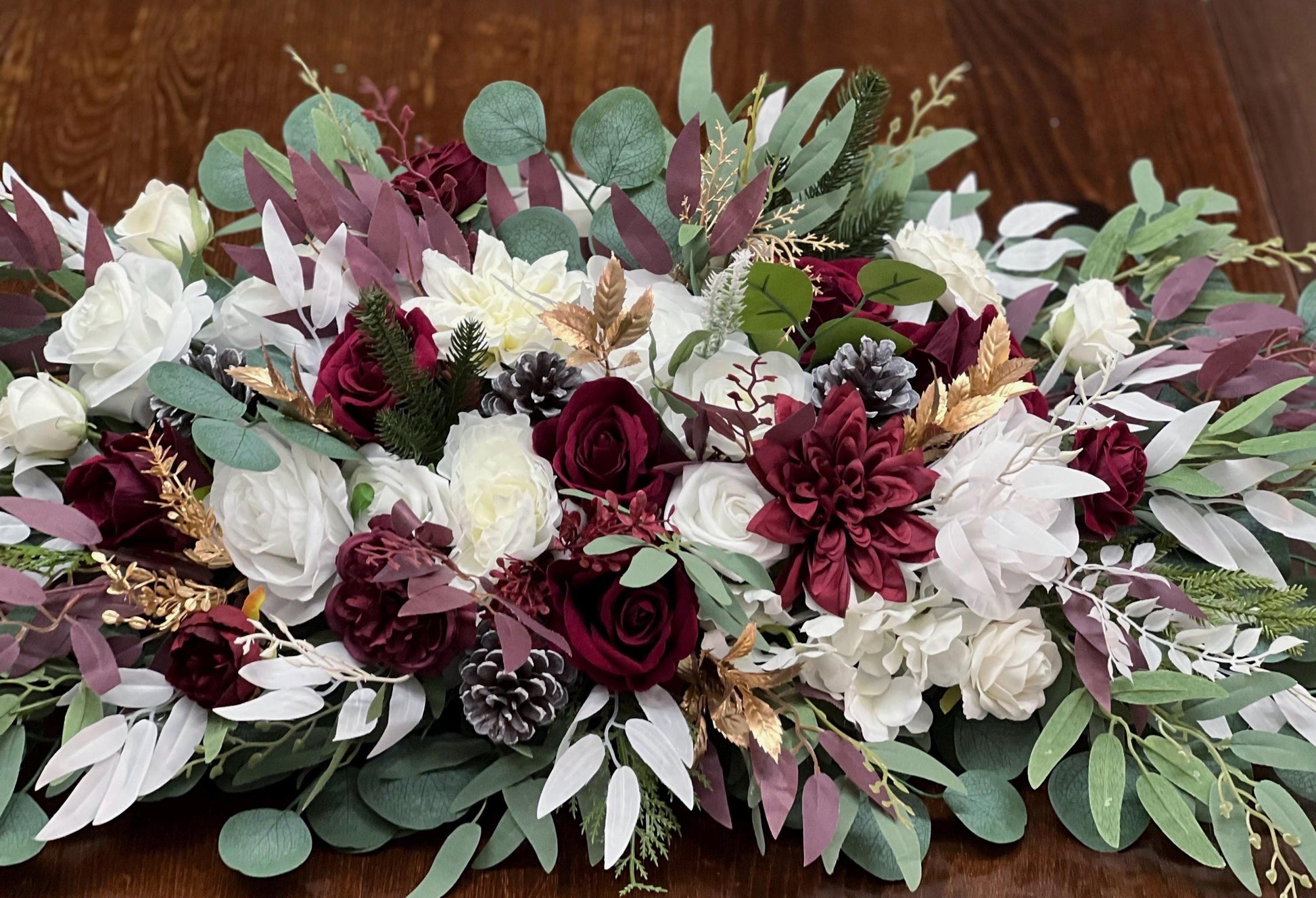 Christmas Centerpiece Wedding White Burgundy Table Decor Arrangement Pine Cone Sweetheart Winter Ivory Gold Pine Tree Wine Red Artificial