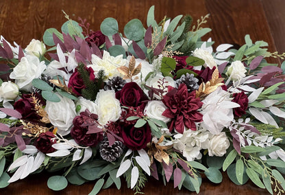 Christmas Centerpiece Wedding White Burgundy Table Decor Arrangement Pine Cone Sweetheart Winter Ivory Gold Pine Tree Wine Red Artificial