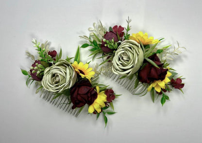 Sunflower Hair Comb Wedding Burgundy Sage Green Hair Accessories Comb Yellow Sunflowers Dusty Sage Green Hair Piece Comb Decorative Flowers