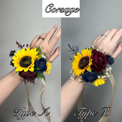Sunflowers Corsage Wedding Burgundy Navy Blue Sunflower Corsage Wrist Bridesmaids Sunflowers Corsage Maroon Navy Blue Dark Corsage Fall